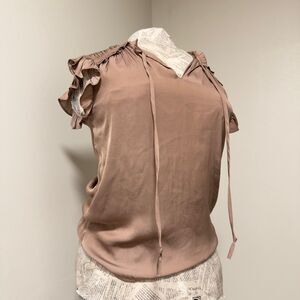 Romantic Chic Taupe DR2 Ruffle Sleeve Tie Neck Blouse